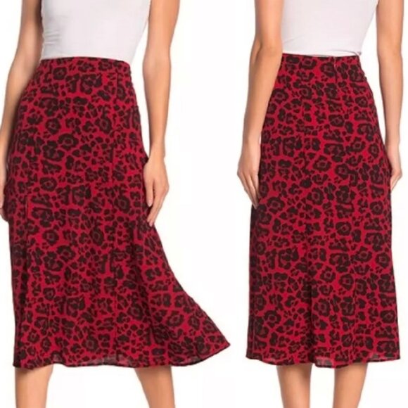 Vtg 90s Y2K grunge flutter trumpet leopard animal print midi slit red skirt M - Picture 1 of 4
